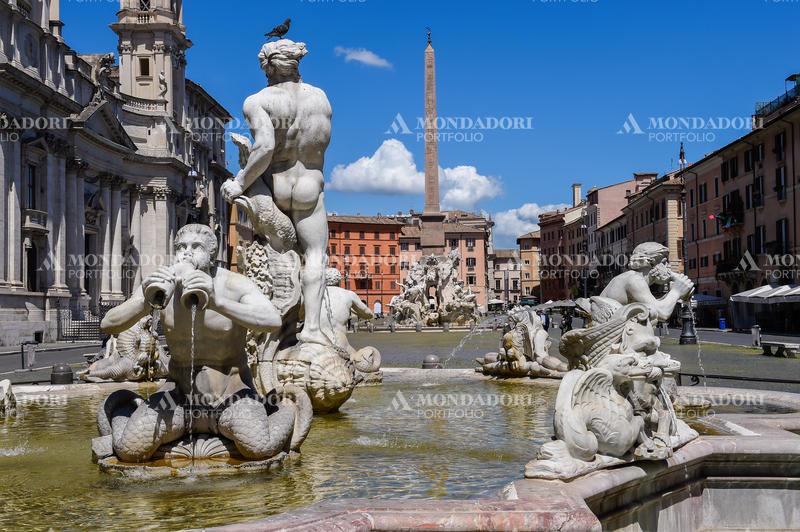 Details of the fountains located in empty Piazza Navona and without turists due to the Coronavirus pandemic (Covid-19). Rome (Italy), April 30th 2020