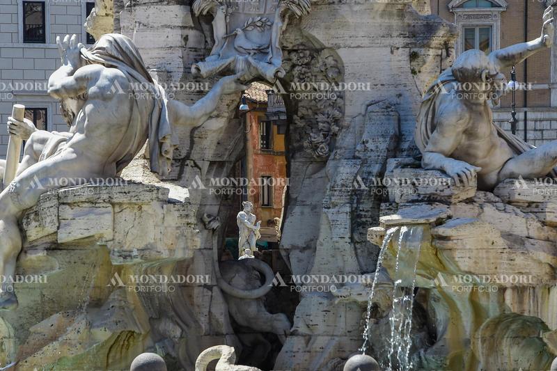 Detail of one of the fountains located in empty Piazza Navona and without turists due to the Coronavirus pandemic (Covid-19). Rome (Italy), April 30th 2020