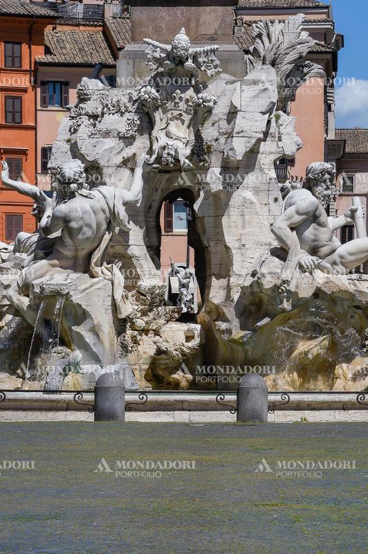 Detail of one of the fountains located in empty Piazza Navona and without turists due to the Coronavirus pandemic (Covid-19). Rome (Italy), April 30th 2020