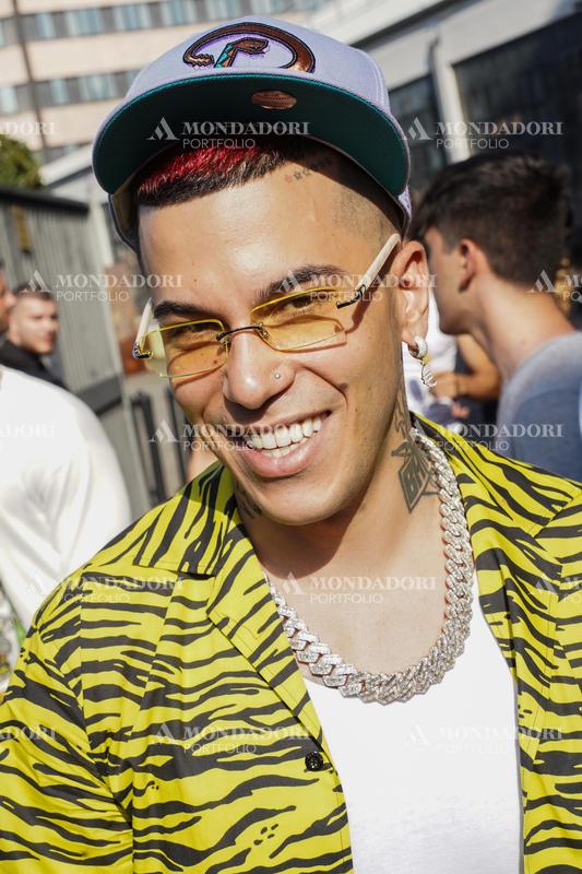 Italian rapper Sfera Ebbasta guest at the Moschino fashion show of Milan Fashion Week Men's Collection Spring Summer 2023. Milan (Italy), June 19th, 2022